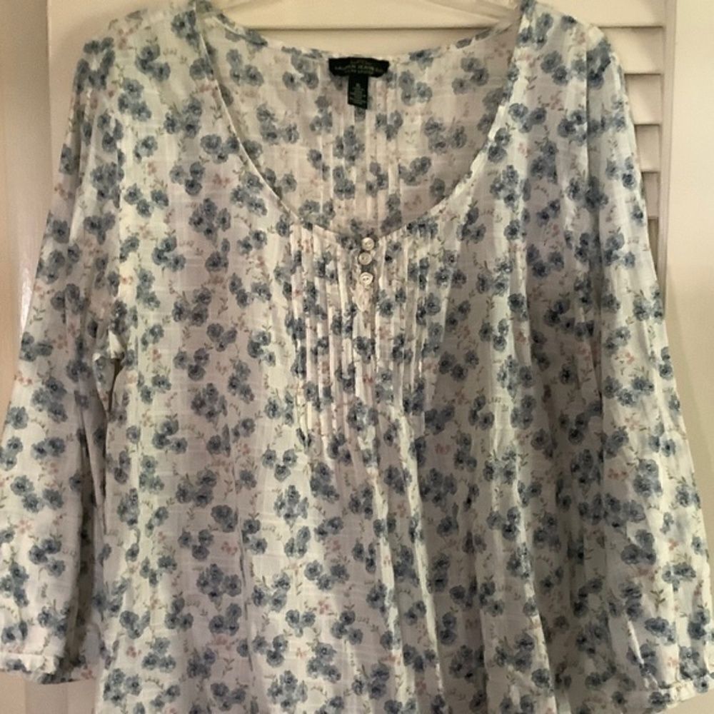 LRL LAUREN JEANS CO. RALPH LAUREN 100% COTTON DENIM BLUE FLORAL WOMAN BLOUSE XL‍